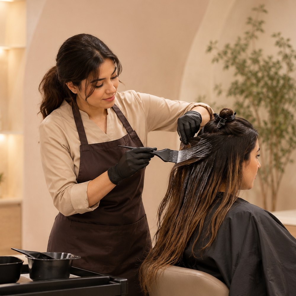 Stylist treating client hair in the studio